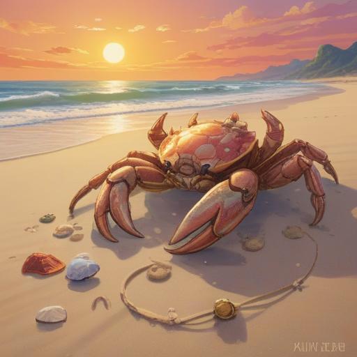 A serene beach scene featuring a white crab, golden sunlight glistening on the waves, a lucky charm nearby, soft sand underfoot, gentle breeze rustling palm trees, tranquil ocean background, hints of tropical flora, harmonious color palette, inviting atmosphere, 4k