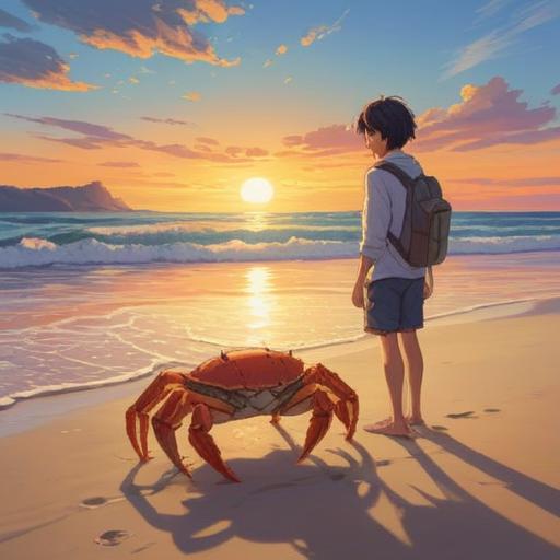 A serene beach scene, a person gently observing a white crab, the sun setting on the horizon, soft waves lapping at the shore, clear blue water, sand dotted with seashells, a focus on mindfulness and connection with nature, vibrant colors, peaceful atmosphere, 4k