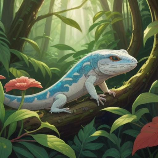 A serene illustration of a white skink representing spiritual meaning, surrounded by lush greenery and gentle sunlight filtering through leaves, symbolizing tranquility and renewal, ethereal aura, peaceful forest setting, harmonious colors, showcasing the skink's delicate features, 4k