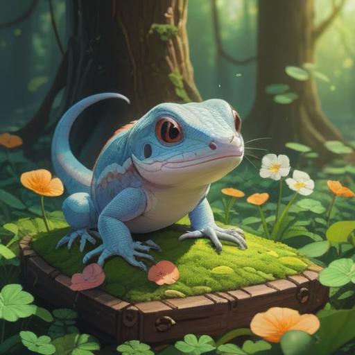 A whimsical scene featuring a white skink basking in the sunlight, surrounded by lucky items such as a four-leaf clover, a horseshoe, and a shimmering golden coin, vibrant colors, lush green grass, soft sunlight filtering through leaves, enchanting atmosphere, intricate details in the items, serene nature setting, 4k