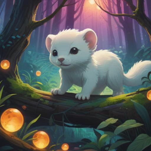 A white weasel appearing in a mystical forest, surrounded by glowing orbs of light, ethereal atmosphere, a sense of caution in the air, intricate details of nature, soft colors, spiritual symbols subtly hidden in the background, a connection to the unseen, 4k