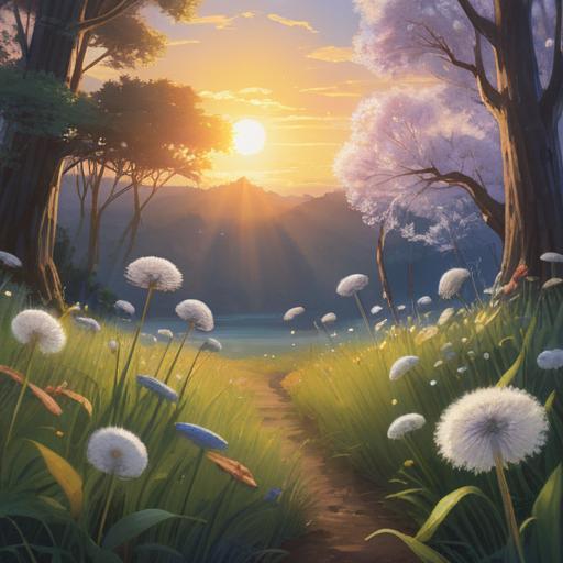 A serene landscape featuring white fluffy dandelion tufts in the foreground, gentle breeze moving through the scene, ethereal light illuminating the surroundings, symbolic representation of spiritual signs, soft focus on the background, calming atmosphere, nature’s subtle messages, inviting tranquility, 4k