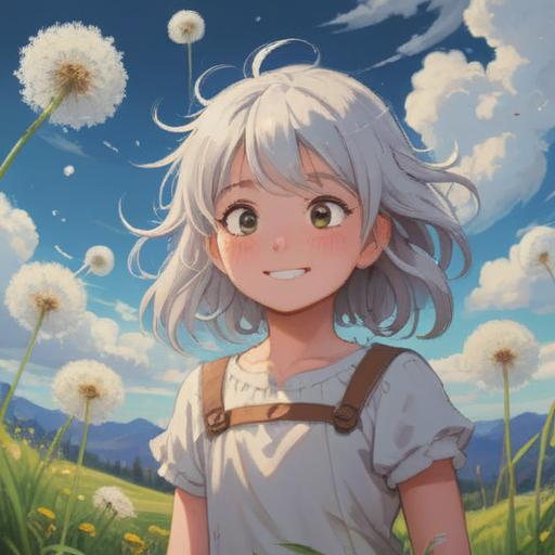 A serene moment capturing the essence of discovering white fluff, joyful character, gentle breeze, smiling face, surrounded by soft clouds of dandelion seeds, bright sunlight filtering through trees, whimsical atmosphere, sense of wonder and luck, vibrant colors, nature-inspired, 4k