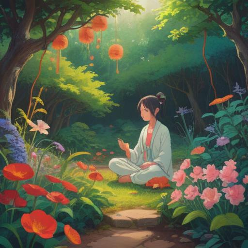A serene and inviting scene depicting the concept of attracting good fortune, a person meditating in a tranquil garden filled with blooming flowers and flowing water, golden light illuminating the space, symbols of luck subtly integrated into the environment, a gentle breeze rustling the leaves, harmonious colors and calming atmosphere, 4k