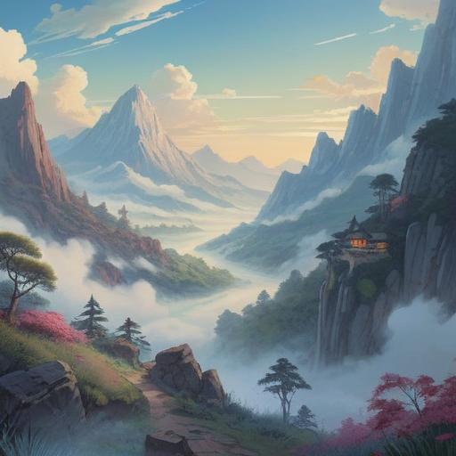 A serene and ethereal scene depicting a white mist enveloping a tranquil landscape, soft white light illuminating the surroundings, symbols of spirituality such as feathers and orbs floating softly, a sense of peace and enlightenment, natural elements harmonizing with the spiritual vibe, dreamy atmosphere, 4k