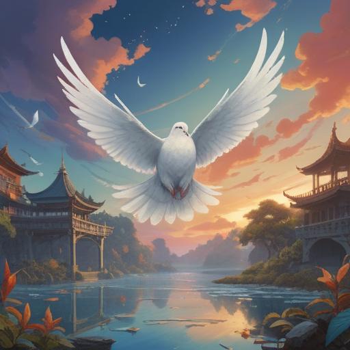 A serene and ethereal scene depicting a white dove soaring gracefully through a tranquil sky, symbolizing peace and spiritual enlightenment, surrounded by soft white clouds and gentle rays of sunlight breaking through, lush green landscape below, a sense of harmony and positivity, 4k