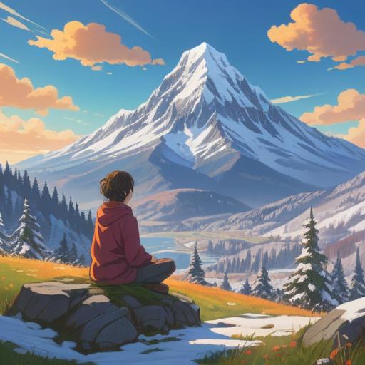 A serene landscape featuring a snow-covered mountain, bright blue sky, a person meditating peacefully in front of the mountain, surrounded by white flowers, symbolic elements of good fortune like coins and four-leaf clovers scattered around, soft lighting, uplifting atmosphere, 4k
