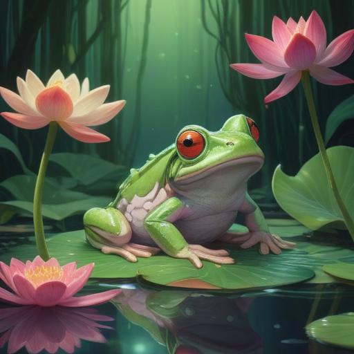 A mystical white frog perched on a lotus flower, surrounded by shimmering water reflections, vibrant green leaves, soft ethereal glow, symbolizing purity and transformation, serene atmosphere, harmonious balance of nature, intricate details, calming emotions, 4k
