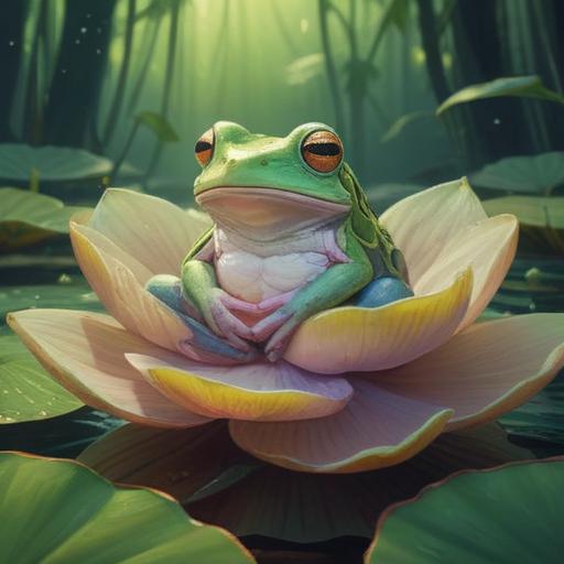 A serene illustration of a white frog perched on a lotus leaf, soft ethereal glow, surrounded by mystical aura, gentle ripples in the water, light reflecting off the surface, various spiritual symbols in the background, calming atmosphere, nature-inspired elements, harmonious color palette, 4k