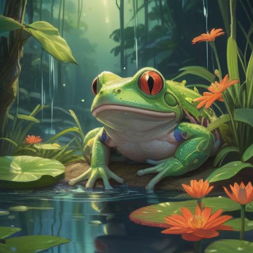 A serene and mystical scene featuring a white frog, surrounded by ethereal light, vibrant greenery, gentle flowing water, symbolic spiritual elements like feathers and crystals, a sense of harmony and calm, inviting atmosphere, nature's tranquility, 4k