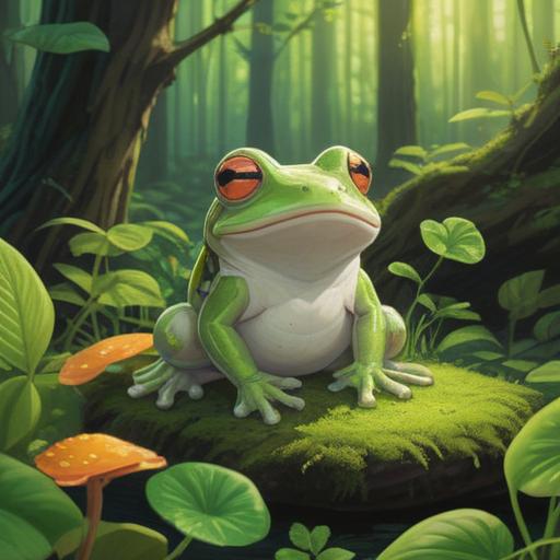 A charming illustration of a white frog sitting on a shiny lucky charm, surrounded by a lush green forest, sunlight filtering through the leaves, depicting a serene and joyful atmosphere, the frog exuding a sense of tranquility and fortune, detailed textures on the charm, harmonious colors, whimsical elements, 4k