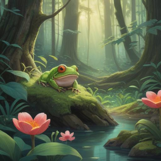 A tranquil meeting with a white frog in a serene forest, ethereal light filtering through the trees, a sense of spiritual awakening, delicate petals floating in the air, warm sunlight illuminating the scene, harmonious colors blending with nature, a character reflecting on their journey, peaceful atmosphere, 4k