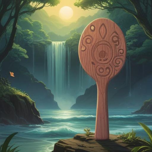 A serene setting featuring a wooden clapper, soft light illuminating its texture, surrounded by gentle waves of sound, ethereal atmosphere, hints of spiritual symbols in the background, peaceful meditation scene, representing the deeper meaning of rhythm and spirituality, 4k