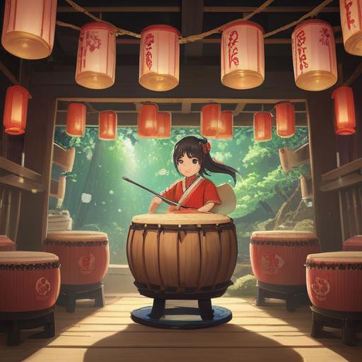 A serene and mystical scene, traditional Japanese taiko drums in the foreground, glowing spiritual symbols in the air, gentle rays of sunlight filtering through ancient trees, tranquil forest setting, vibrant colors, harmonious atmosphere, a sense of peace and enlightenment, 4k