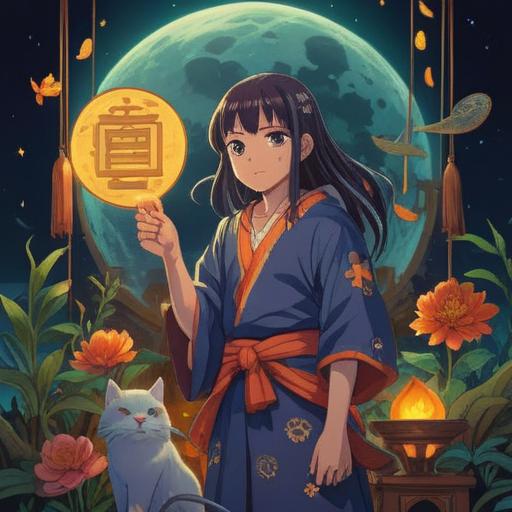 A vibrant illustration depicting a successful person surrounded by glowing symbols of fortune and spirituality, with elements like a full moon and stars in the background, lush greenery symbolizing growth, radiant energy aura, harmonious blend of material success and spiritual enlightenment, diverse cultural motifs representing different spiritual beliefs, vibrant colors, dynamic composition, 4k