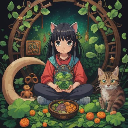 A whimsical illustration of a person surrounded by various lucky items, such as a four-leaf clover, a horseshoe, a lucky cat statue, and a stack of gold coins, vibrant colors, enchanting atmosphere, elements of prosperity and success, detailed objects with distinct textures, motivational aura, 4k