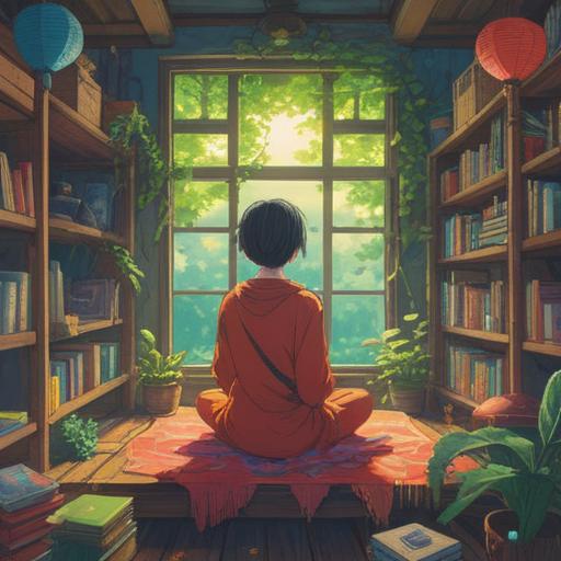 A vibrant illustration depicting a person engaging in positive daily habits, bright colors, serene morning scene, practicing gratitude and meditation, nurturing a plant, writing in a journal, uplifting atmosphere, lively sunlight filtering through, motivational and calming elements, 4k