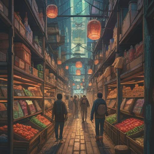 A surreal illustration depicting a bustling market scene with empty shelves, shoppers expressing frustration, ethereal symbols representing spiritual significance floating around, contrasting visuals of abundance and scarcity, an aura of mystery enveloping the scene, vibrant colors blending with a dreamlike atmosphere, deep emotional resonance, 4k