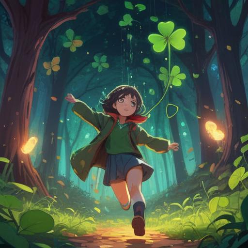 A vibrant scene depicting a person catching a falling four-leaf clover just before a