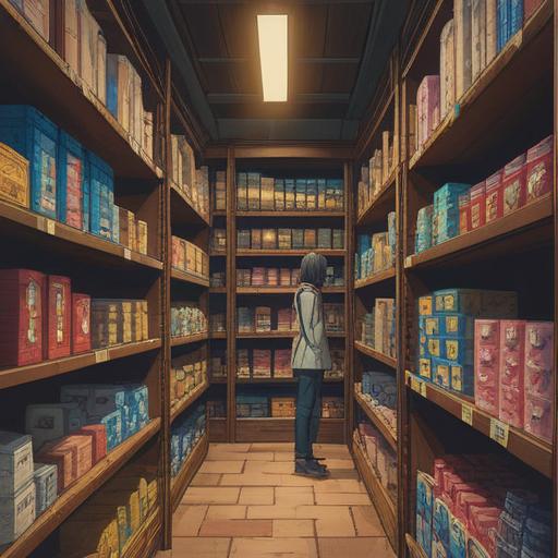 A thoughtful scene depicting a person reflecting on empty shelves, contrasting with a vibrant marketplace in the background, symbols of missed opportunities, a serene expression, sunlight filtering through, capturing a moment of realization and growth, deep colors, hopeful atmosphere, 4k
