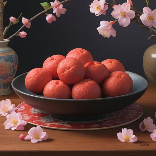 A serene still life of umeboshi, beautifully arranged on a traditional Japanese plate, surrounded by elements of nature like cherry blossoms and bamboo, soft sunlight filtering through, ethereal glow, symbolizing spiritual renewal and positive energy, calming ambiance, vibrant colors, 4k