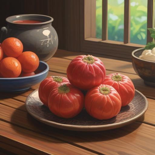 A serene illustration of a ripe umeboshi on a wooden plate, surrounded by traditional Japanese elements, soft morning light filtering through a paper sliding door, symbols of spiritual awakening in the background, natural and calming colors, evoking mindfulness and reflection, 4k