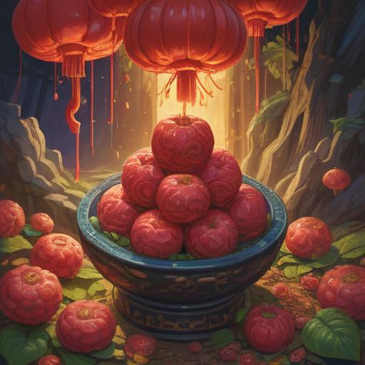 A vibrant illustration of umeboshi, surrounded by glowing energy, symbolizing spiritual power, traditional Japanese motifs, lucky charm elements, bright colors, serene atmosphere, nature-inspired background, invoking positive energy, 4k