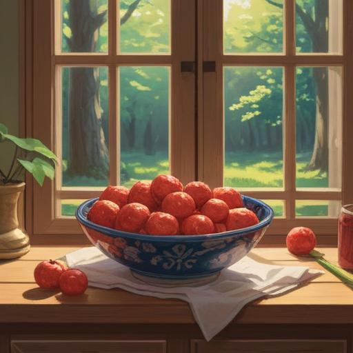 A serene still life featuring a bowl of traditional umeboshi, warm sunlight filtering through the window, soft shadows, surrounded by nature elements like cherry blossoms and bamboo, evoking a sense of inner peace and richness, gentle color palette, tranquil atmosphere, delicate textures, 4k