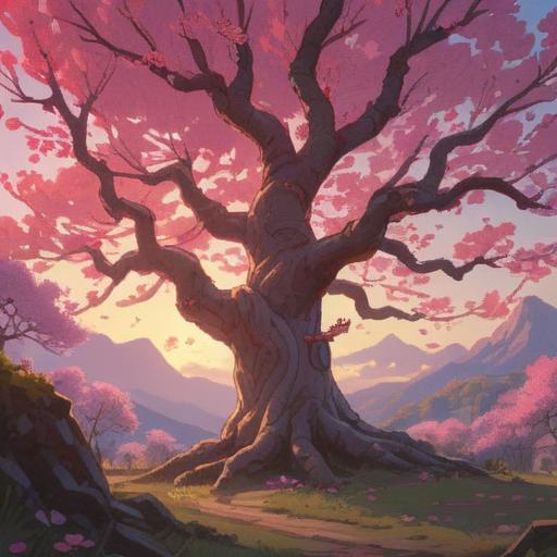 A serene illustration of a blooming plum tree, vibrant pink blossoms, ancient roots symbolizing spirituality, soft sunlight filtering through the branches, peaceful natural setting, harmonious balance with nature, rich cultural significance, serene atmosphere, intricate details, 4k
