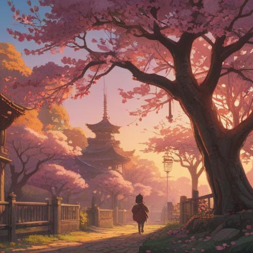 A spiritual illustration featuring a plum tree, vibrant blossoms, a serene atmosphere, golden sunlight filtering through branches, gentle breeze rustling petals, mystical energy radiating from the tree, harmony with nature, peaceful setting, inviting tranquility, 4k