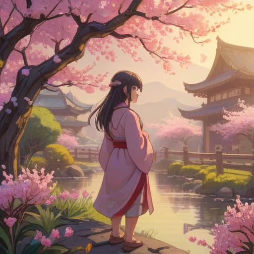 A serene illustration of a person enjoying plum blossoms in a tranquil garden, vibrant pink flowers in full bloom, a calm atmosphere, sunlight filtering through branches, traditional Japanese attire, engaging in mindfulness practices, relaxation and renewal, gentle breeze, enhancing luck and fortune, 4k