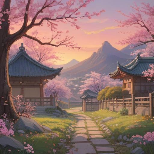 A serene landscape featuring blooming plum blossoms, soft pink petals, symbolic representation of spiritual renewal and purity, tranquil atmosphere, gentle sunlight filtering through branches, harmonious connection to nature, ethereal feel, peaceful garden scene, 4k