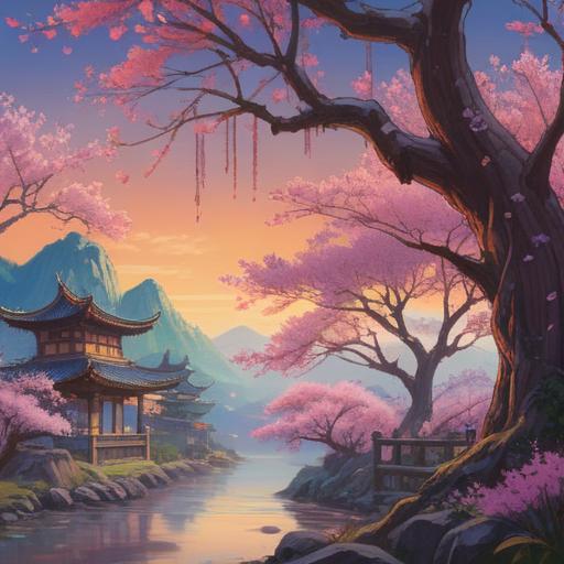 A serene landscape featuring blooming plum blossoms, vibrant colors, ethereal lighting, symbolic representation of spiritual growth, gentle breeze moving the flowers, harmonious nature scene, peaceful atmosphere, intricate details of petals and branches, 4k