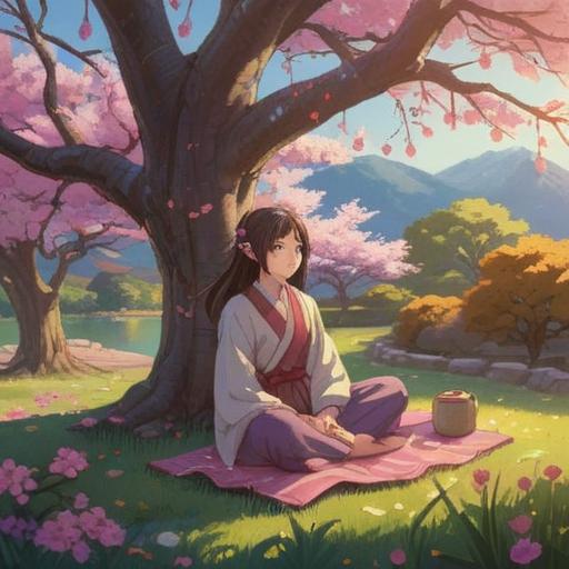 A serene lifestyle scene featuring blooming plum blossoms, ethereal lighting, a peaceful garden setting, a person meditating under the tree, soft breeze carrying floral scents, harmonious connection with nature, tranquility and balance, spiritual energy flowing, gentle color palette, 4k