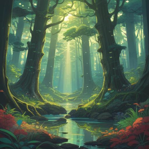 A serene and mystical landscape, vibrant colors, ethereal sound waves emanating from a central figure, forest clearing bathed in soft sunlight, meditative posture, surrounded by floating symbols of harmony and balance, gentle aura radiating from the character, 4k