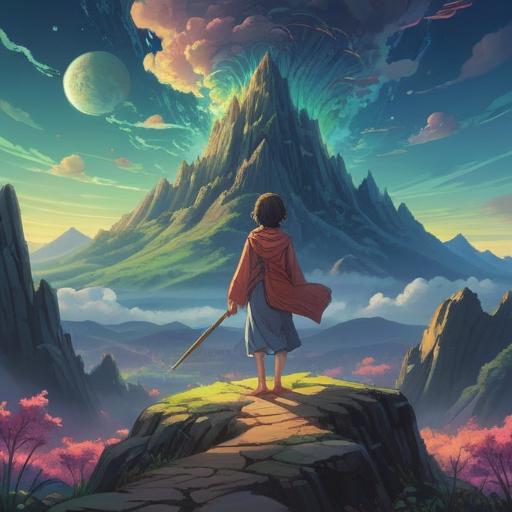 A serene landscape depicting harmonic vibrations, ethereal light glowing above the hills, a meditative figure surrounded by sound waves, spiritual symbols floating in the air, calming colors, tranquil atmosphere, nature and mysticism intertwined, 4k