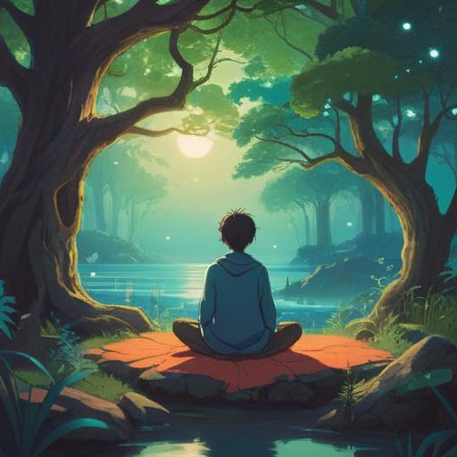 A serene and mystical scene, a person meditating under a tree, ethereal light surrounding them, subtle waves of sound vibrations in the air, spiritual symbols softly glowing, a peaceful environment, nature in harmony, tranquility and mindfulness, 4k