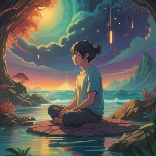 A serene scene depicting a person meditating in a tranquil environment, surrounded by vibrant sound waves representing harmonics, ethereal light illuminating the space, harmonic resonance symbolizing spiritual healing, soft-focus nature elements in the background, feeling of peace and transformation, 4k
