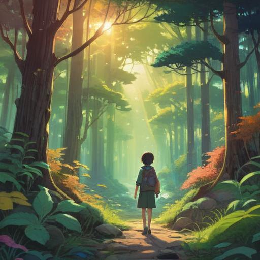 A serene and introspective scene depicting a person surrounded by nature, symbolizing transformation and change, gentle sunlight filtering through trees, soft flowing water in the background, vibrant colors representing new beginnings, a sense of peace and enlightenment, ethereal glow around the figure, 4k