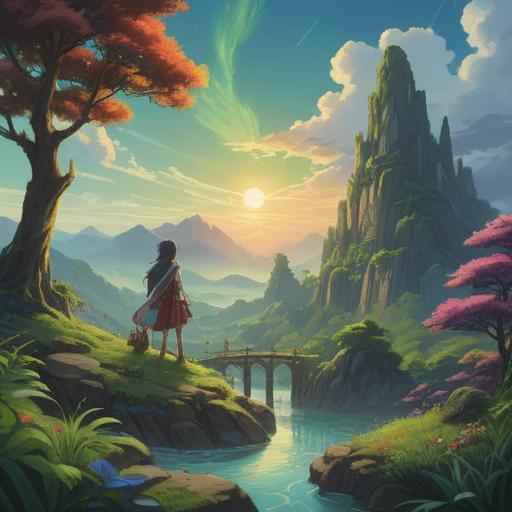 A serene and mystical landscape, symbols of transformation and change, radiant light breaking through clouds, ethereal beings representing spiritual guidance, lush greenery and vibrant flowers, harmonious colors, a sense of peace and positivity, uplifting atmosphere, 4k