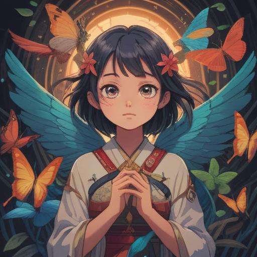 A serene illustration depicting spiritual signs during job reassignment, symbolic elements like feathers and butterflies, a calm and reflective atmosphere, ethereal lighting, a person contemplating their path, nature surrounding them, subtle hints of guidance and intuition, 4k