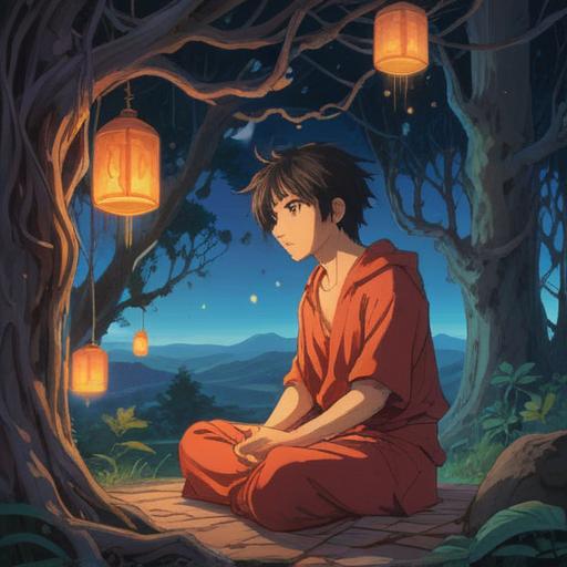 A serene and contemplative scene, a figure sitting in a meditative pose, surrounded by gentle light, symbolic representations of burdens in the background, ethereal elements illustrating the connection between body and spirit, soft flowing colors, calming atmosphere, detailed textures in the environment, 4k