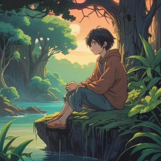 A serene and contemplative scene depicting a person with a pained expression, sitting quietly in a tranquil natural setting, surrounded by soft light filtering through the trees, subtle energy emanating from their back, symbolizing spiritual growth and transformation, a gentle breeze carrying leaves, harmony with nature, peaceful and reflective mood, 4k