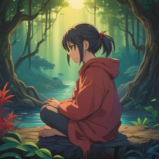 A serene and contemplative scene, a person sitting quietly with hands on their back, surrounded by gentle light, symbolic representations of stress and emotional burdens, subtle ethereal elements, nature in the background, vibrant colors, harmony and balance, 4k
