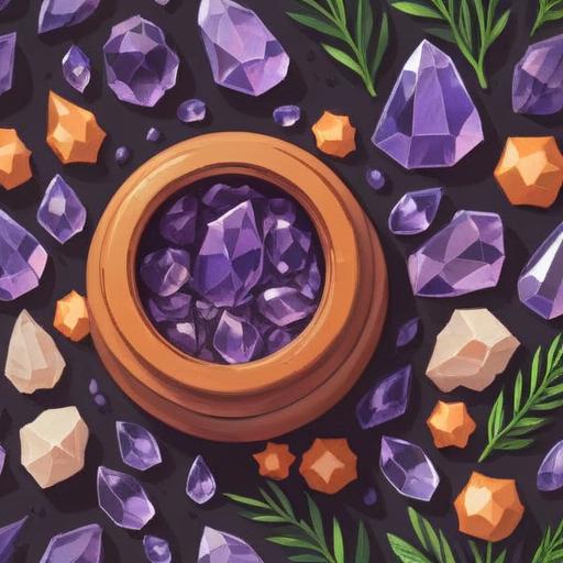 A serene still life of lucky crystals for back pain relief, featuring a prominent amethyst and a sunstone, surrounded by calming herbs and soft lighting, healing energy aura, gentle textures, natural wood table, peaceful atmosphere, 4k