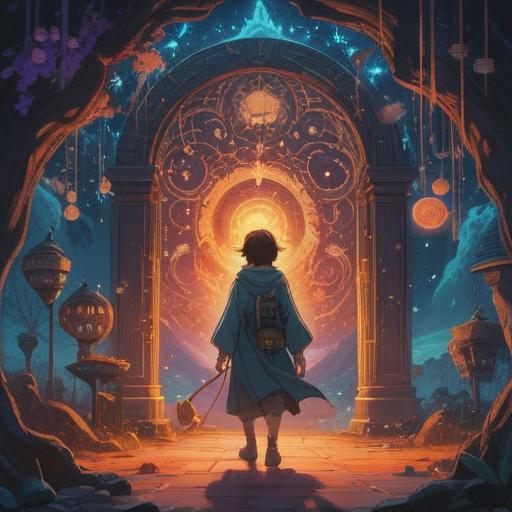 A mystical scene depicting a person experiencing an intense spiritual awakening, soft glowing aura around them, surrounded by ethereal symbols and shimmering light, nature elements like trees and flowers gently swaying, the sky painted with mesmerizing colors, a sense of tranquility and deep connection to the universe, 4k