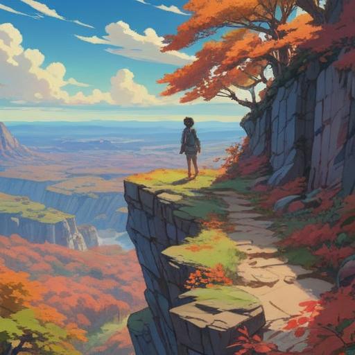 A serene scene of a person standing on a cliff overlooking a vast landscape, vibrant colors symbolizing change, gentle winds swirling leaves around, a peaceful expression on their face, sunlight breaking through clouds, representing hope and new beginnings, lush greenery and blooming flowers in the foreground, 4k