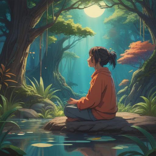 A spiritual illustration representing the feeling of back pain and breathlessness, ethereal elements, a person meditating in a serene environment, soft light illuminating the figure, symbolic representations of energy flow, a backdrop of soothing nature, gentle colors, an aura of tranquility, deep reflection, 4k