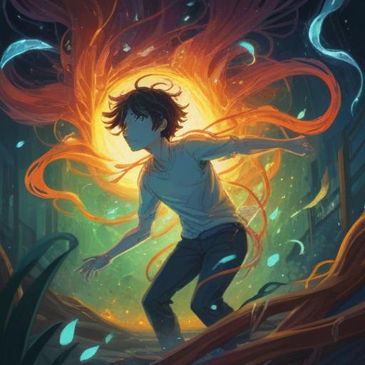 A thoughtful and introspective illustration depicting a person experiencing back pain and breathlessness, ethereal wisps of energy surrounding them, symbolic bad omens represented as shadowy figures in the background, a dimly lit room with a window showing a stormy sky, expressions of concern and contemplation, contrasting light and darkness, 4k