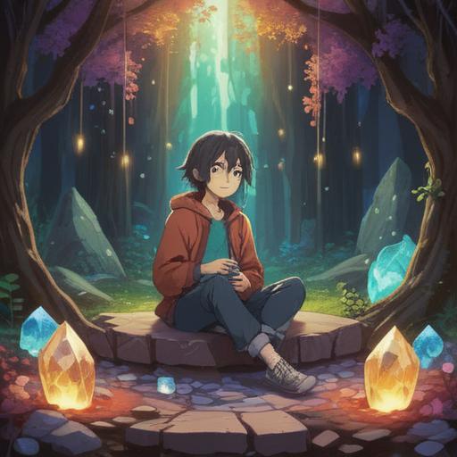 A serene scene of a person sitting comfortably, surrounded by soothing crystal stones, focusing on their healing properties, soft glowing light emanating from the stones, gentle expression on their face, natural elements in the background, peaceful atmosphere, holistic healing vibes, 4k